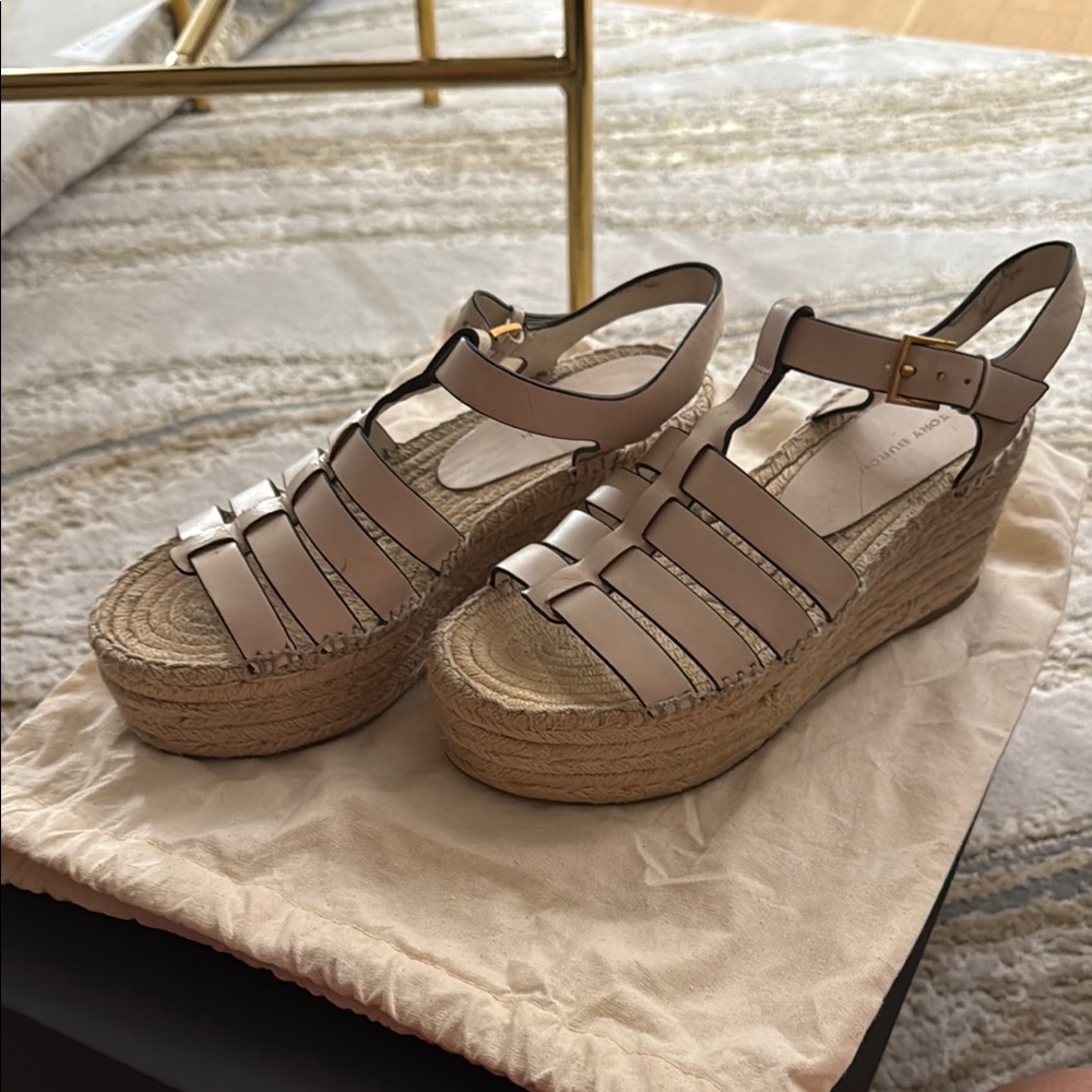Tory Burch Tan Espadrille Wedge Shoes